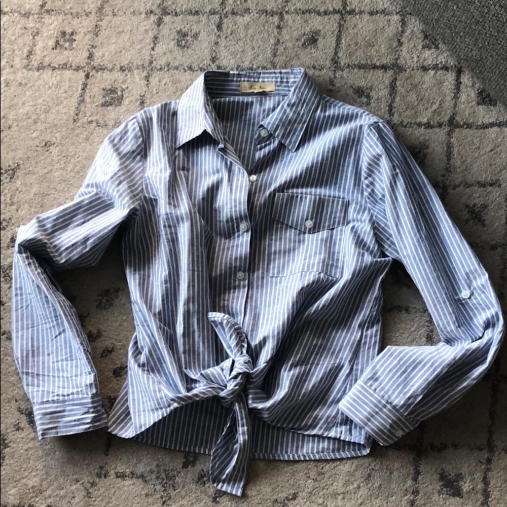Cotton striped tie button up top Sz S